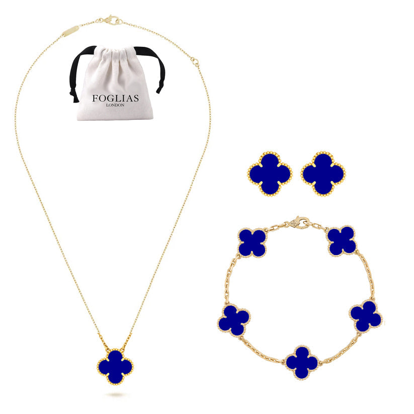Blue Clover Necklace Earrings Bracelet Set 925 Silver 18k Gold Plated