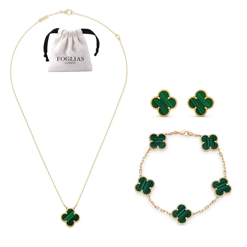 Green Clover Necklace Earrings Bracelets Set 925 Silver 18k Gold Plated