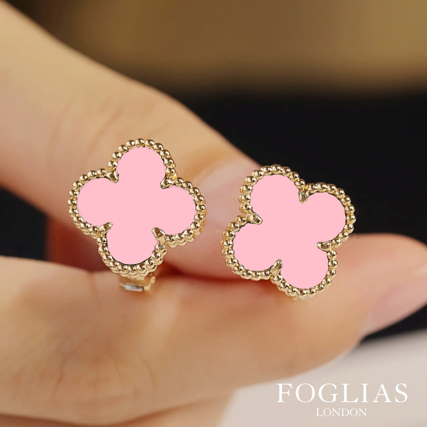 Pink Clover Necklace Earrings Set 925 Silver 18k Gold Plated