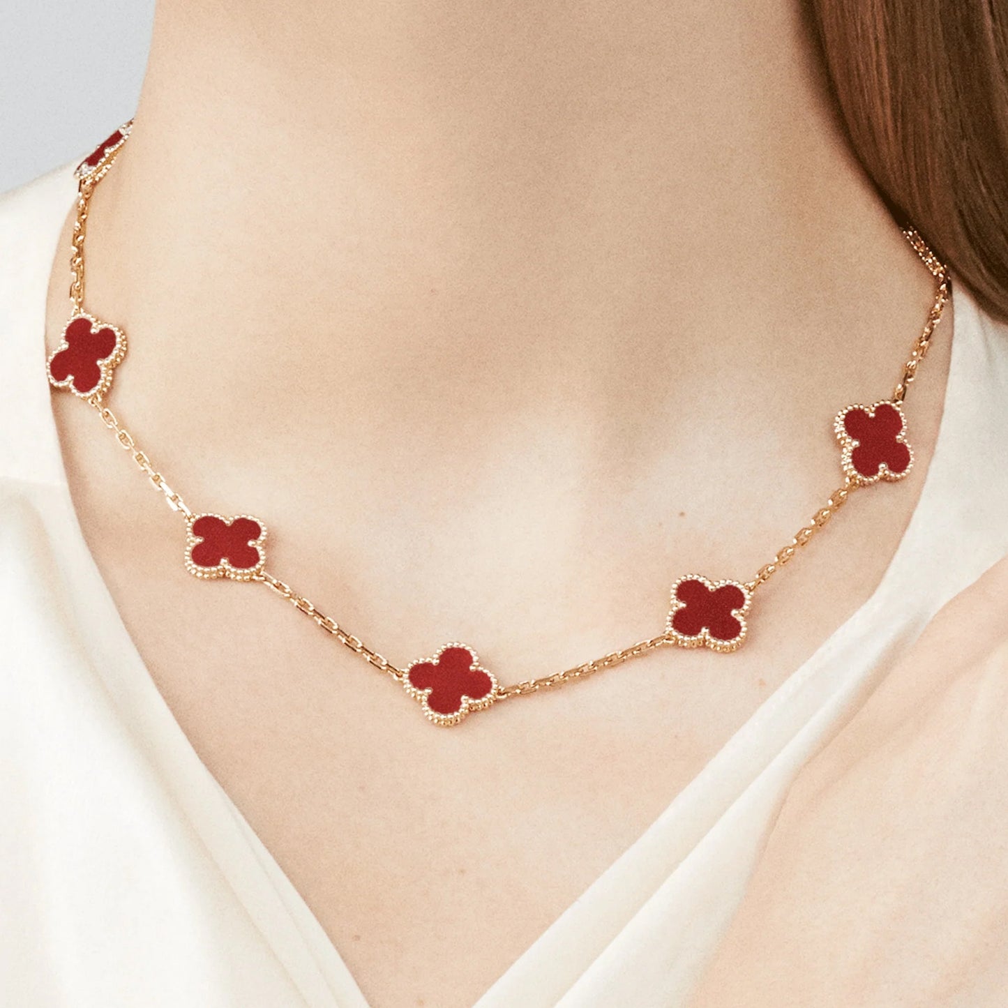 FOGLIAS LONDON Red Multi Motifs Four Leaf Clover Necklace 925 Stainless Silver 18k Gold Plated
