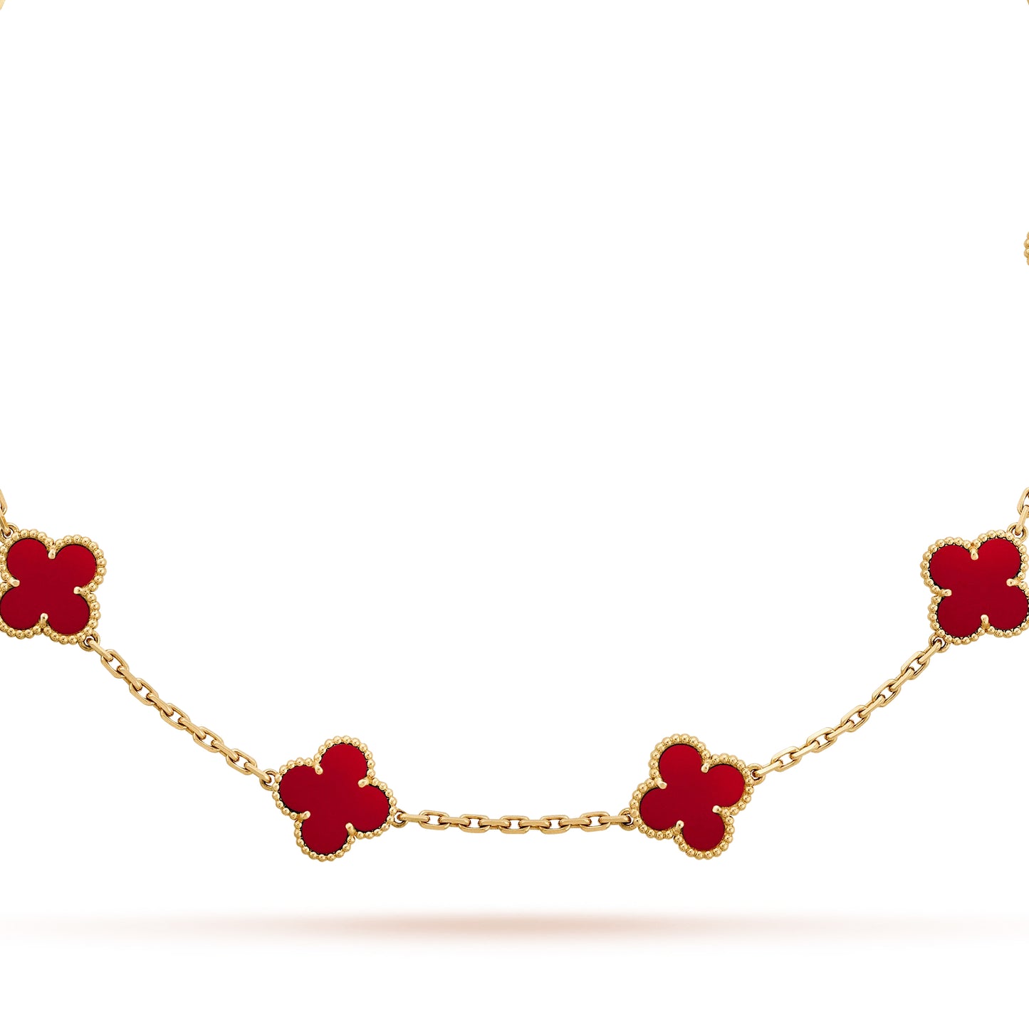 FOGLIAS LONDON Red Multi Motifs Four Leaf Clover Necklace 925 Stainless Silver 18k Gold Plated