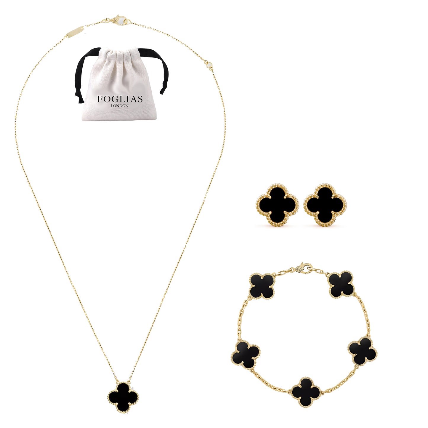 FOGLIAS LONDON Black Clover Necklace Bracelets Earrings Set 925 Silver 18k Gold Plated