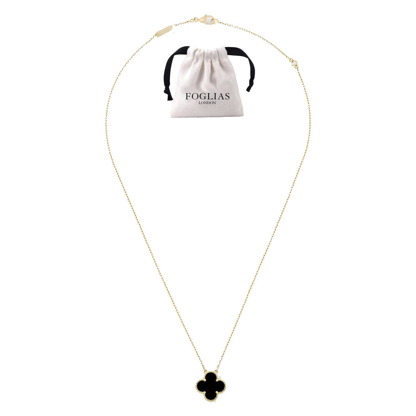 Black Van Cleef Four Leaf Clover Stainless Steel Necklace by FOGLIAS LONDON