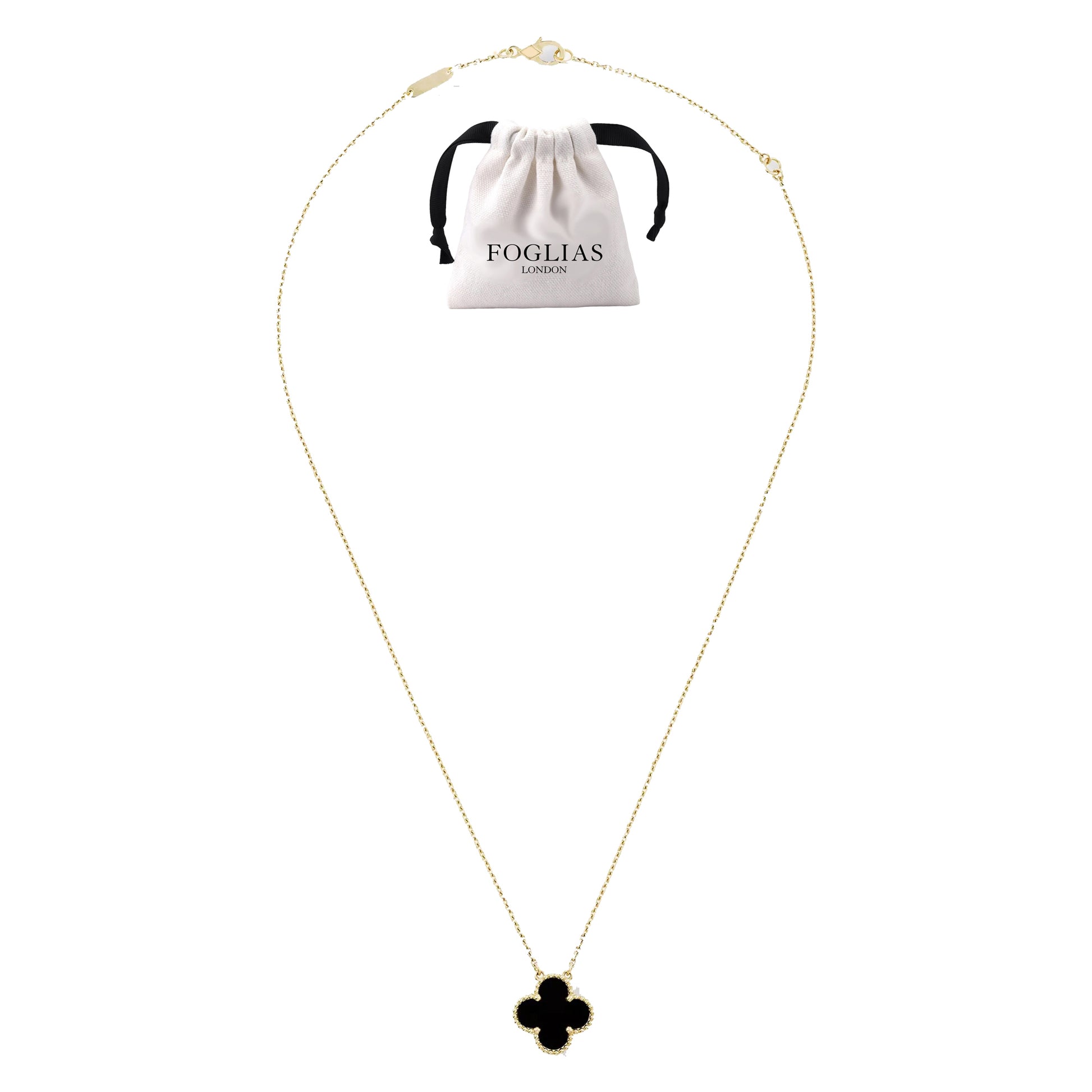 Black Van Cleef Four Leaf Clover Stainless Steel Necklace by FOGLIAS LONDON