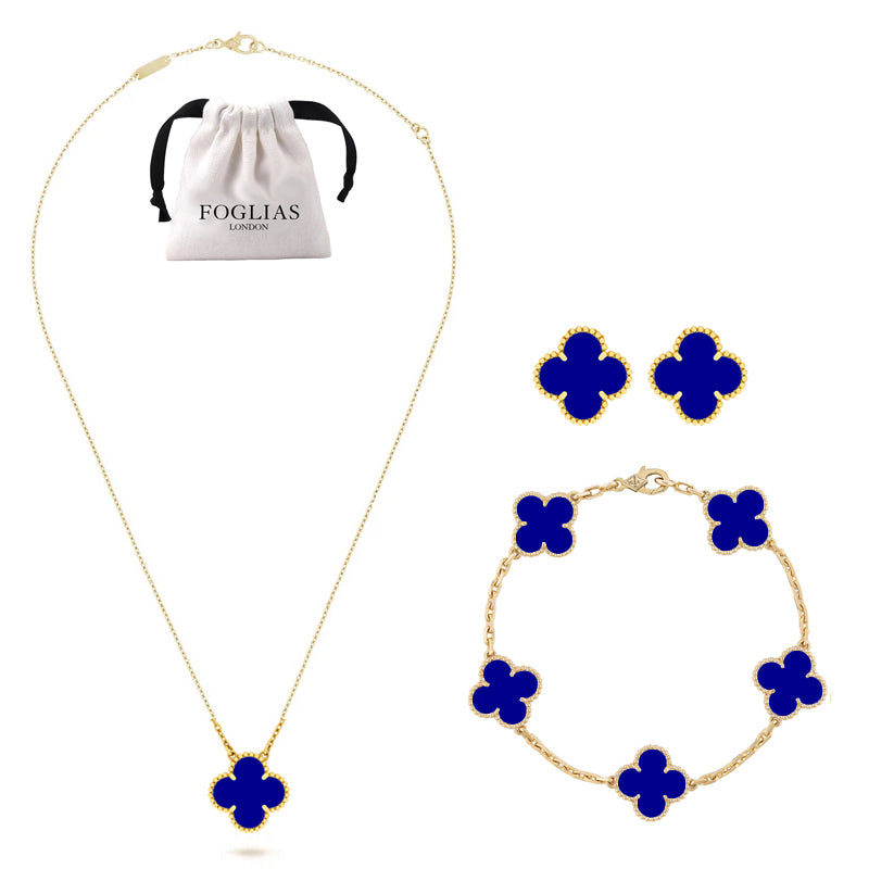 FOGLIAS LONDON Blue Clover Necklace Earrings Bracelet Set 925 Silver 18k Gold Plated