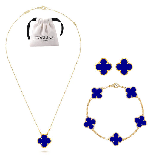 FOGLIAS LONDON Blue Clover Necklace Earrings Bracelet Set 925 Silver 18k Gold Plated