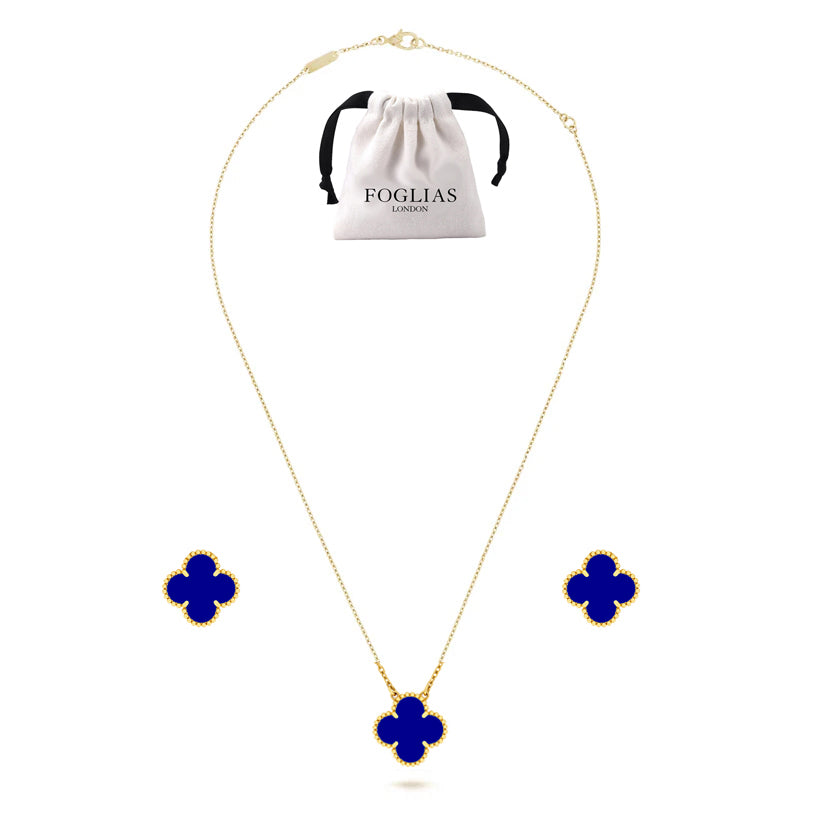 FOGLIAS LONDON Blue Clover Necklace Earrings Set 925 Silver 18k Gold Plated