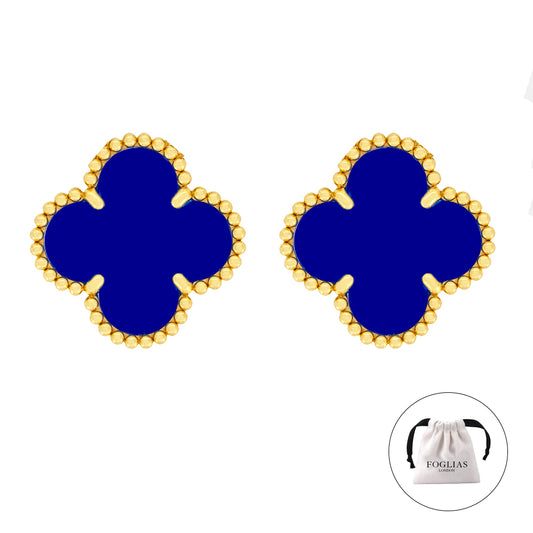 FOGLIAS LONDON Blue Clover Stud Earrings 925 Silver 18k Gold Plated