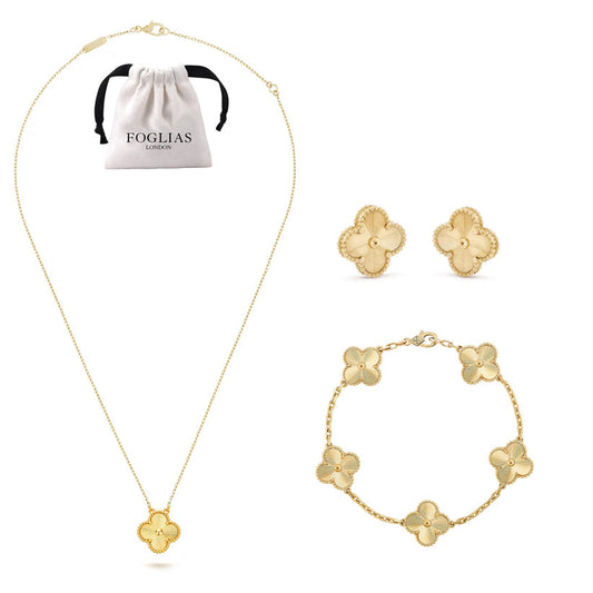 Gold Clover Necklace Earrings Bracelets Set 925 Silver 18k Gold Plated