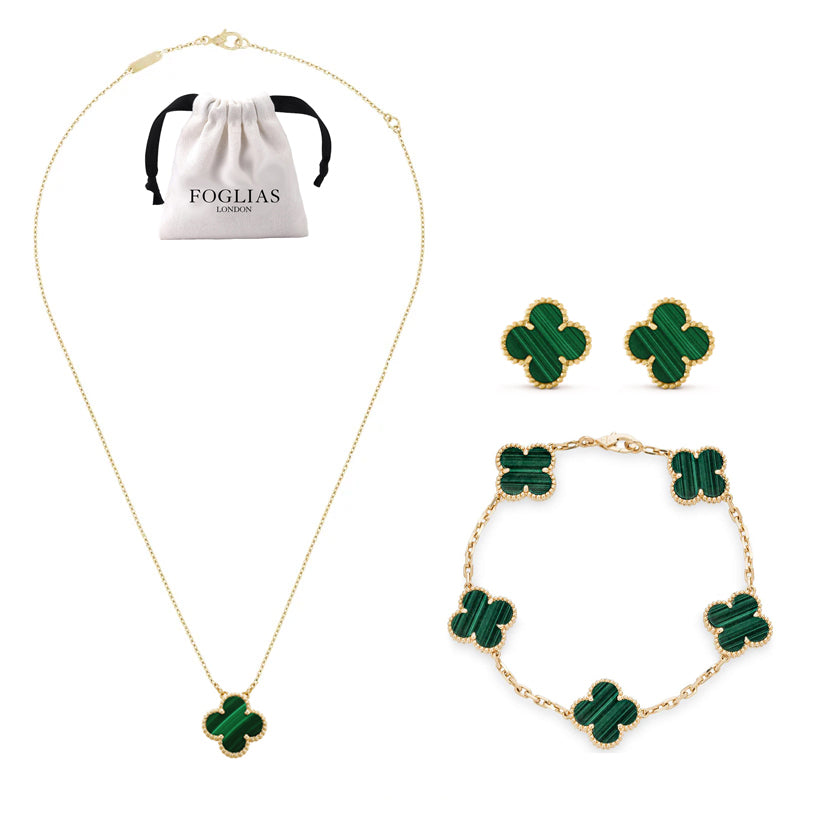 FOGLIAS LONDON Green Clover Necklace Earrings Bracelets Set 925 Silver 18k Gold Plated