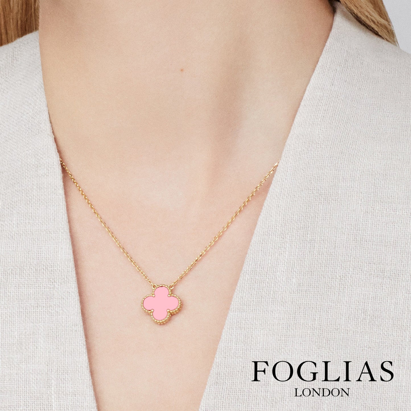 FOGLIAS LONDON Pink Clover Necklace 925 Silver 18k Gold Plated