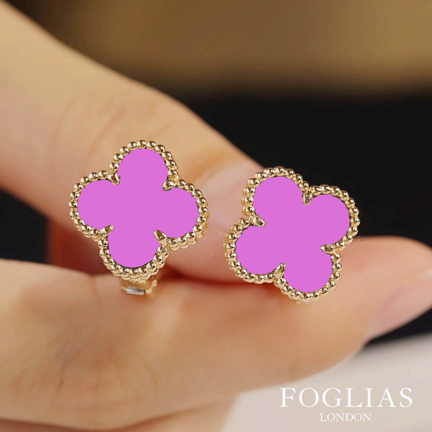 FOGLIAS LONDON Purple Clover Earrings 925 Silver 18k Gold Plated