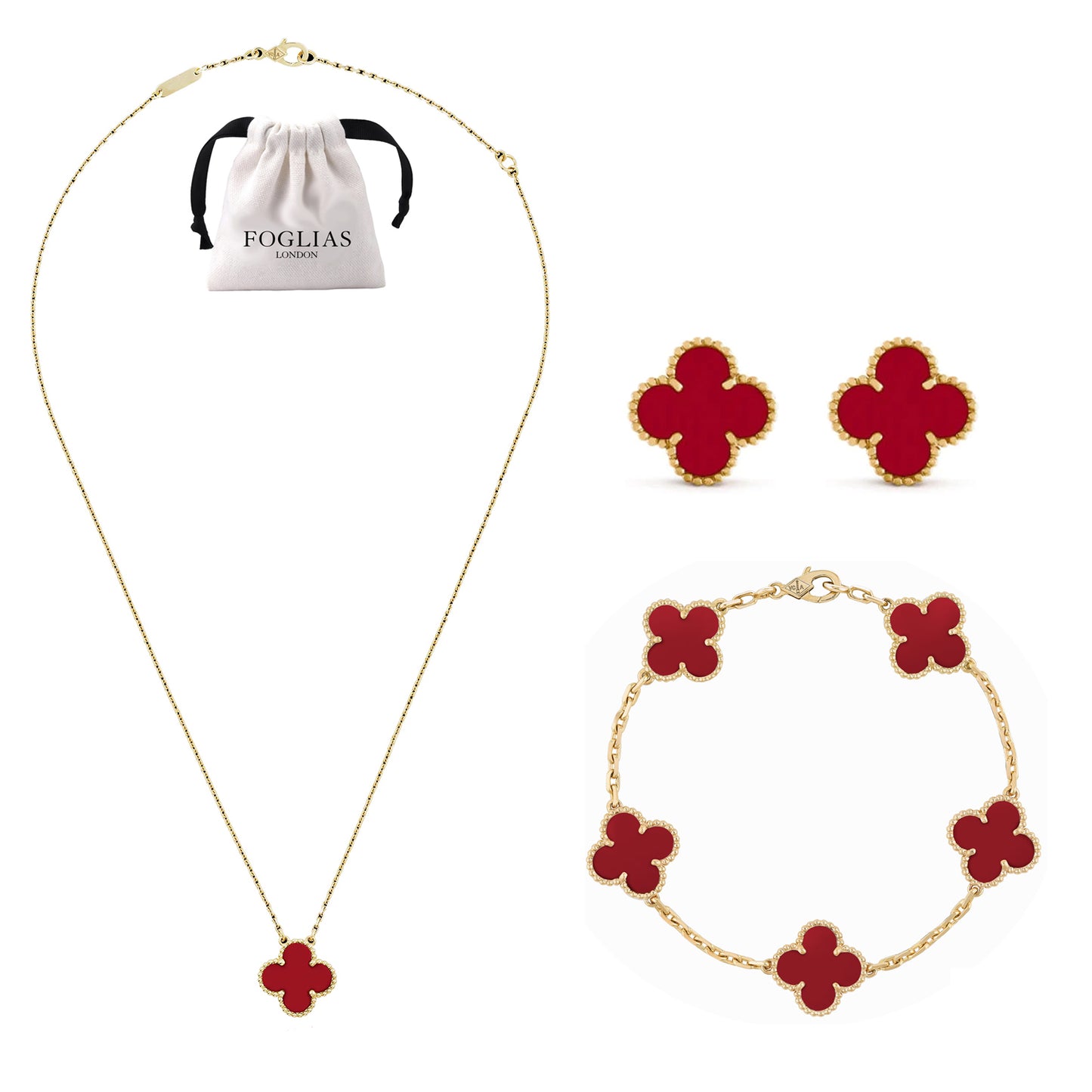 FOGLIAS LONDON Red Clover Necklace Earrings Bracelet Set 925 Silver 18k Gold Plated