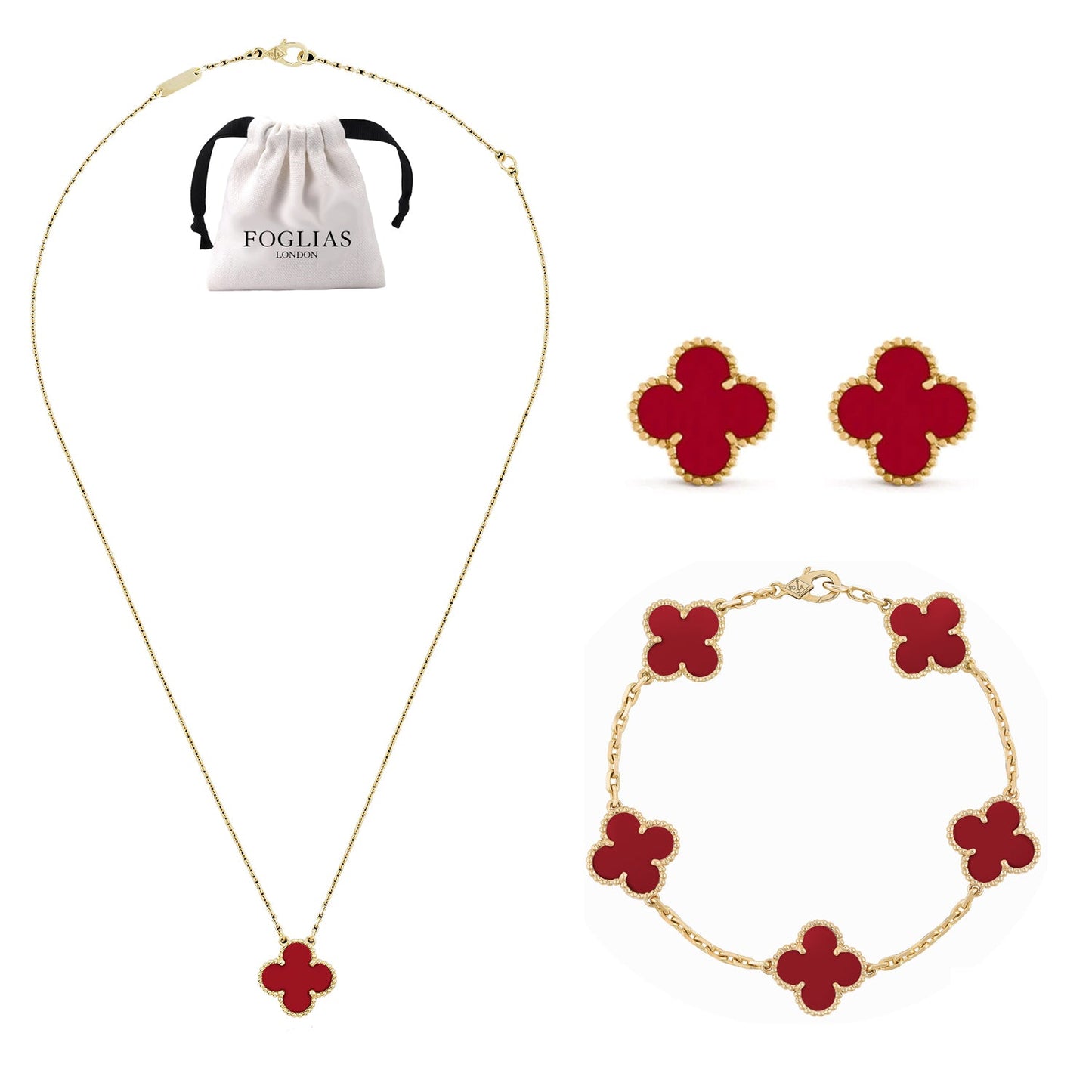 Red Clover Necklace Earrings Bracelet Set 925 Silver 18k Gold Plated