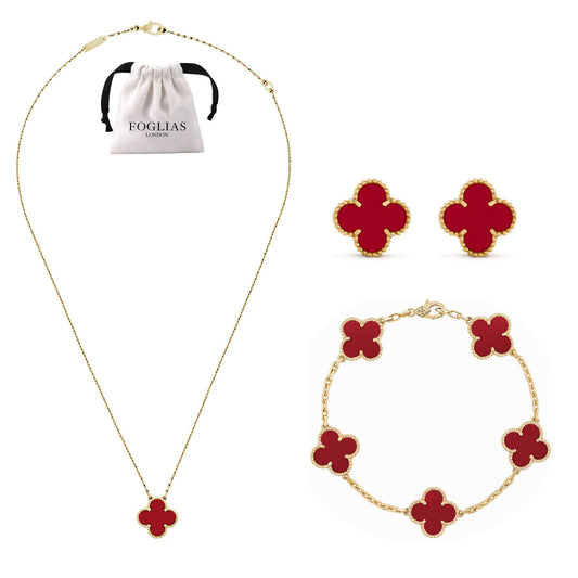 Red Clover Necklace Earrings Bracelet Set 925 Silver 18k Gold Plated