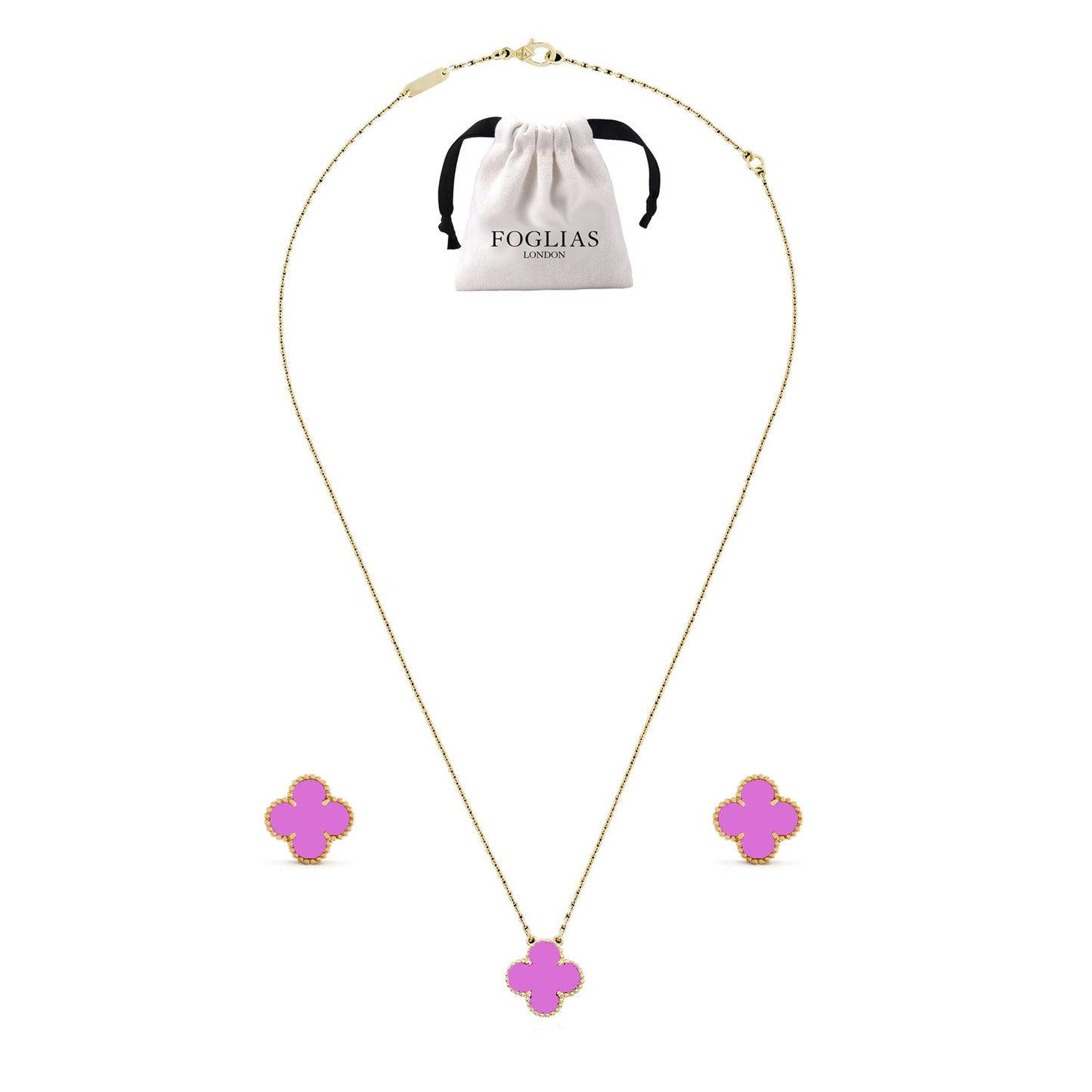 Purple Clover Necklace Earrings Set 925 Silver 18k Gold Plated
