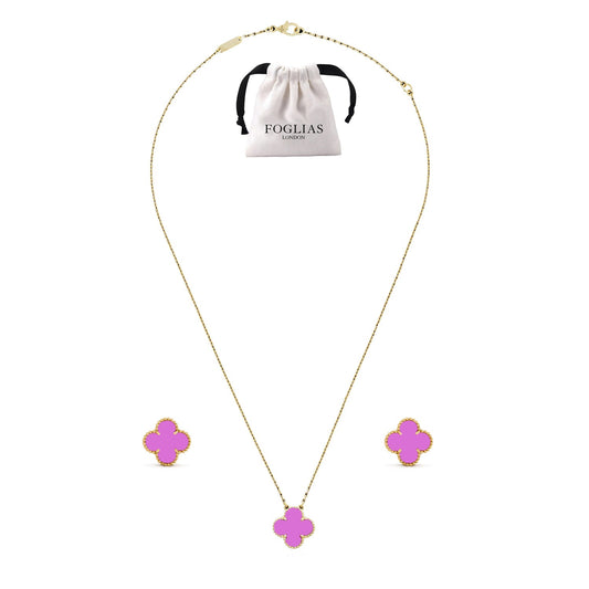 Purple Clover Necklace Earrings Set 925 Silver 18k Gold Plated