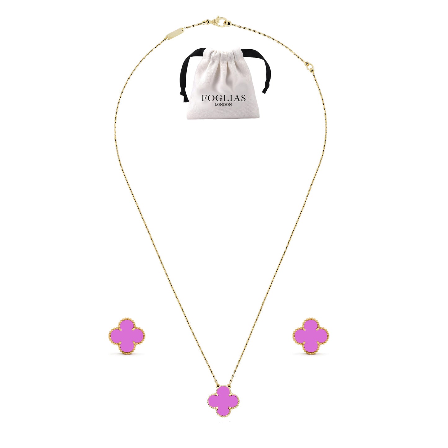 FOGLIAS LONDON Purple Clover Necklace Earrings Set 925 Silver 18k Gold Plated