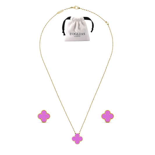 FOGLIAS LONDON Purple Clover Necklace Earrings Set 925 Silver 18k Gold Plated