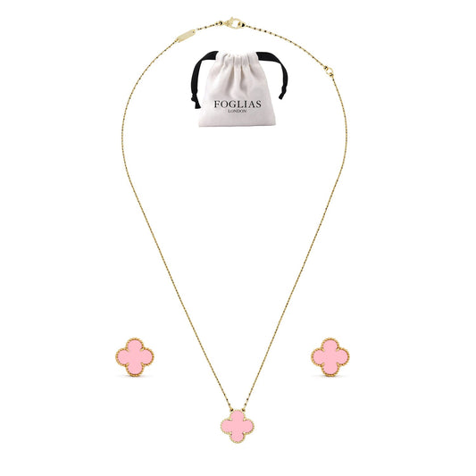 Pink Clover Necklace Earrings Set 925 Silver 18k Gold Plated