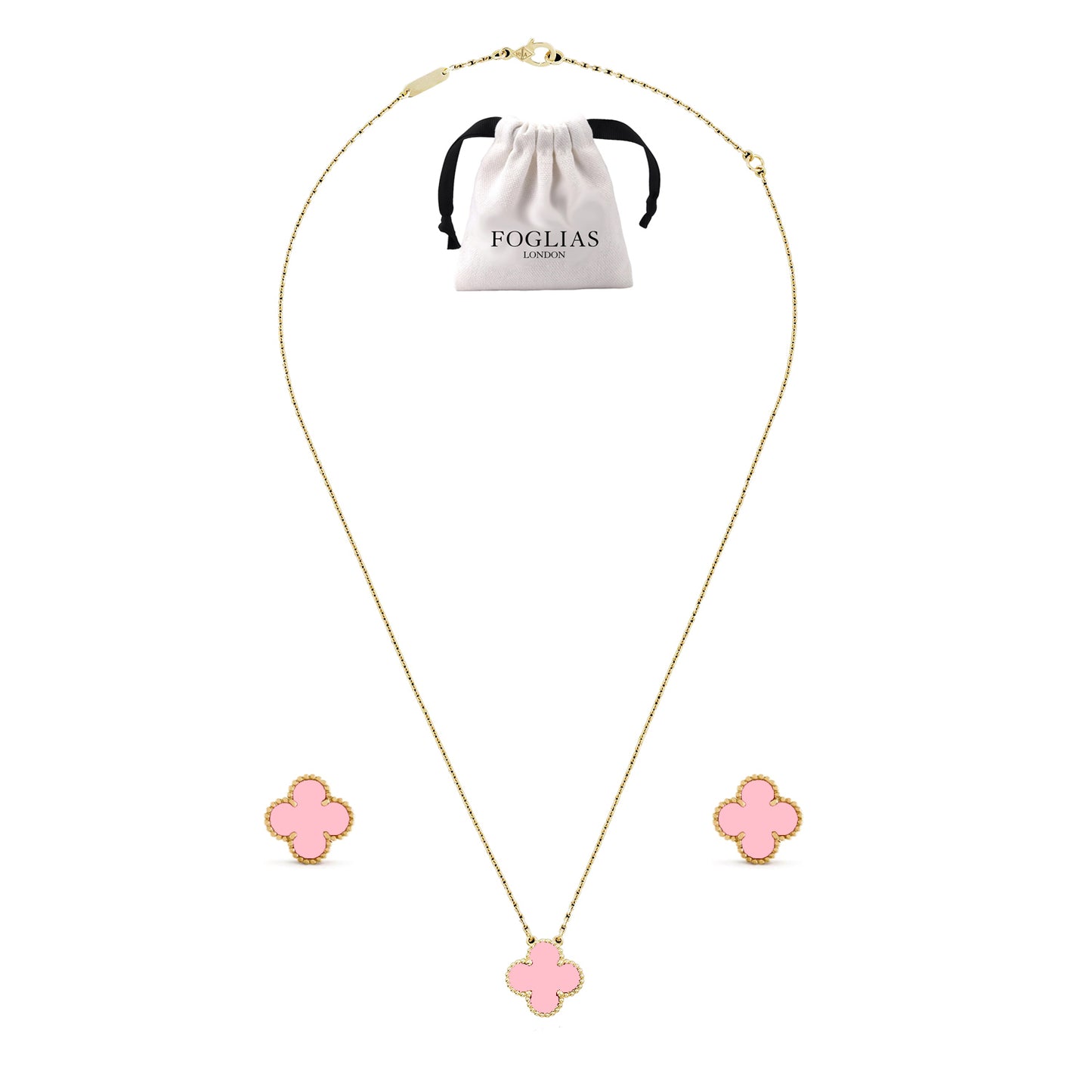 FOGLIAS LONDON Pink Clover Necklace Earrings Set 925 Silver 18k Gold Plated