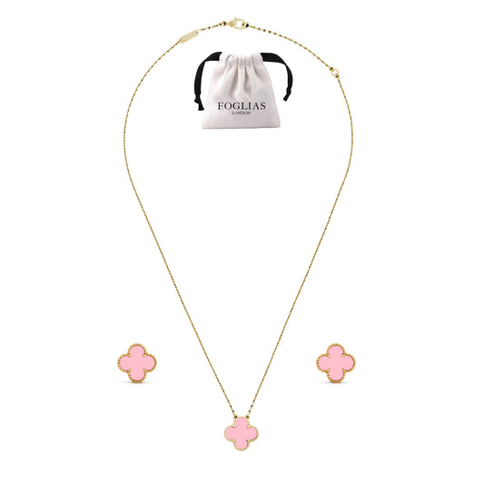 FOGLIAS LONDON Pink Clover Necklace Earrings Set 925 Silver 18k Gold Plated