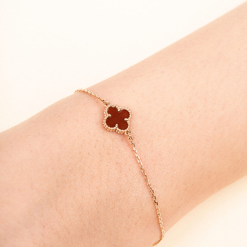 Dark Red Single Clover Four Leaf Bracelet 925 Silver 18k Gold Plated