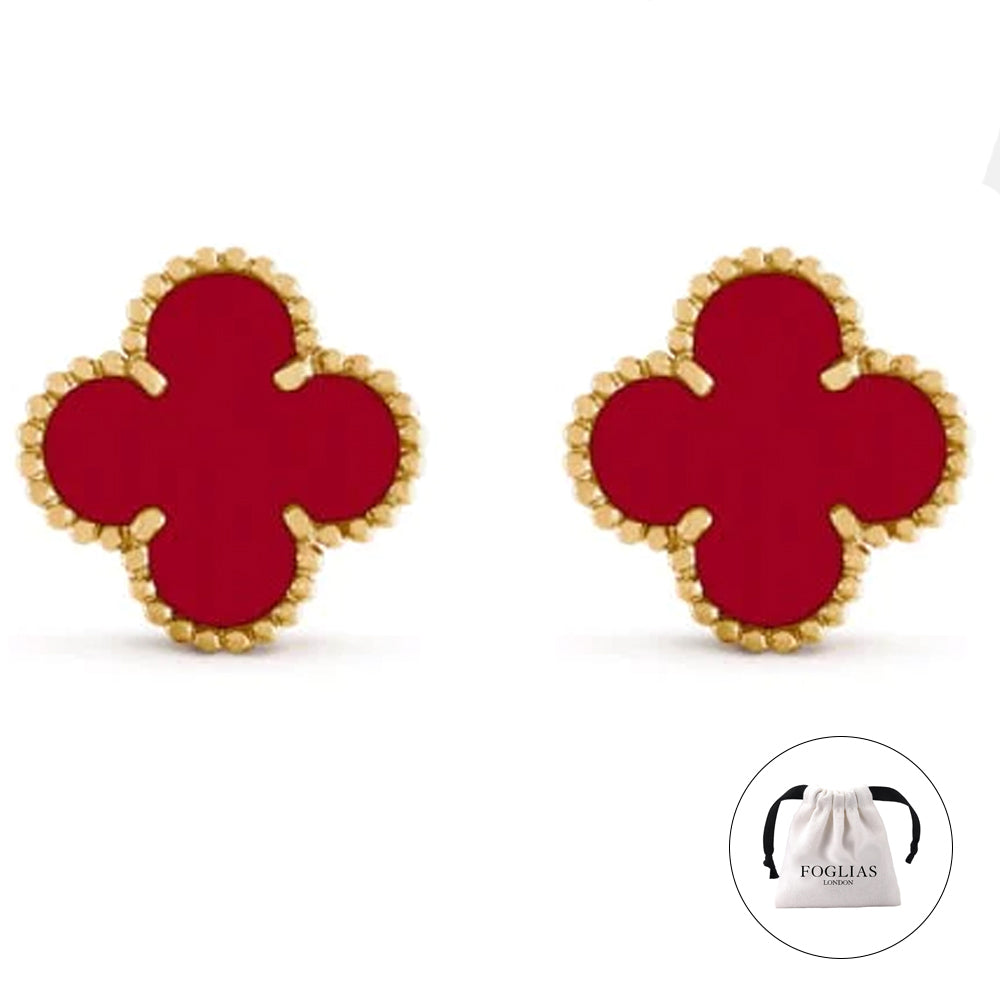 FOGLIAS LONDON Red Clover Stud Earrings 925 Silver 18k Gold Plated