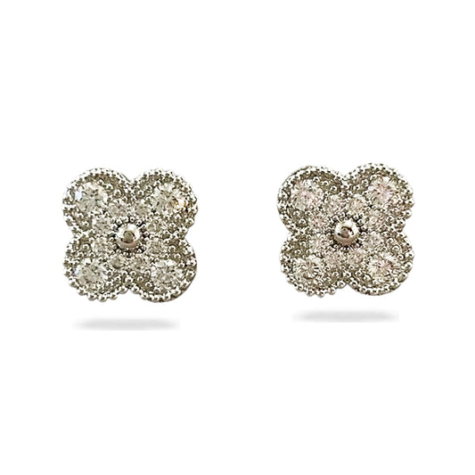 FOGLIAS LONDON Diamond Silver Clover Stud Earrings 925 Silver 18k Gold Plated