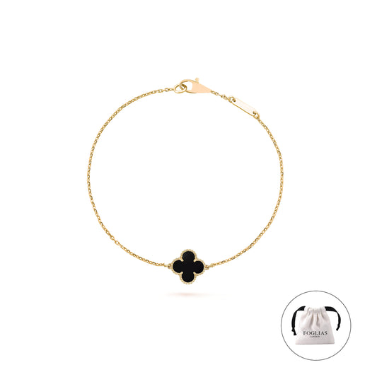 FOGLIAS LONDON Black Single Clover Four Leaf Bracelet 925 Silver 18k Gold Plated
