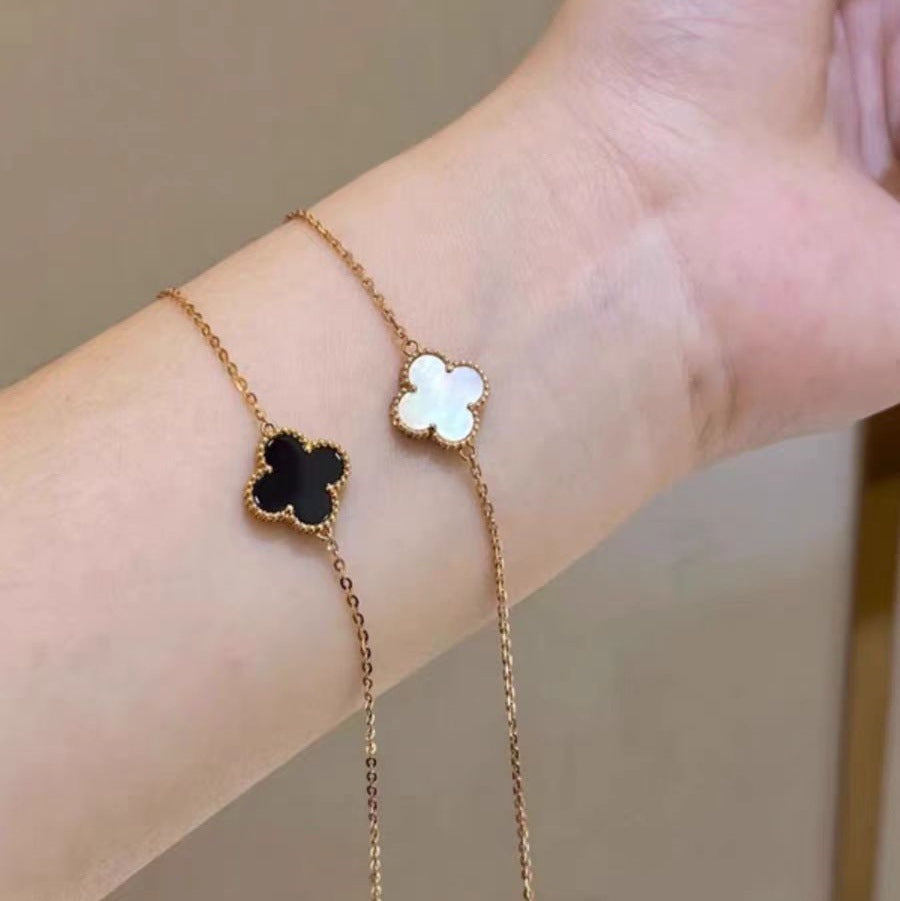 Black Single Clover Four Leaf Bracelet 925 Silver 18k Gold Plated