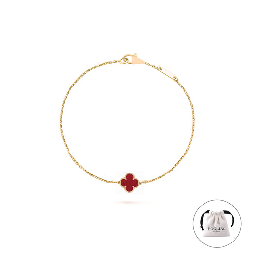 FOGLIAS LONDON Dark Red Single Clover Four Leaf Bracelet 925 Silver 18k Gold Plated