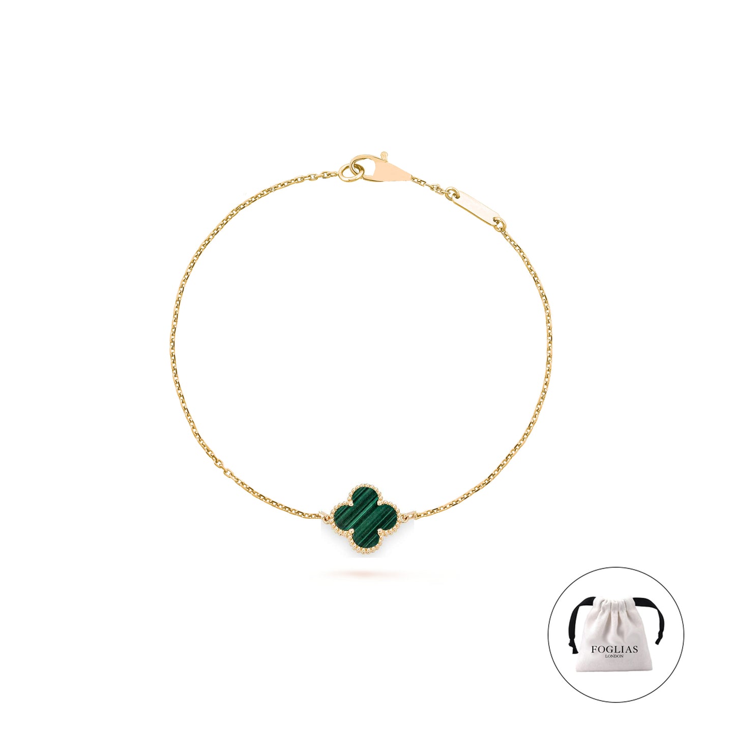 FOGLIAS LONDON Green Single Clover Four Leaf Bracelet 925 Silver 18k Gold Plated