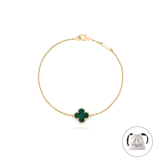 FOGLIAS LONDON Green Single Clover Four Leaf Bracelet 925 Silver 18k Gold Plated
