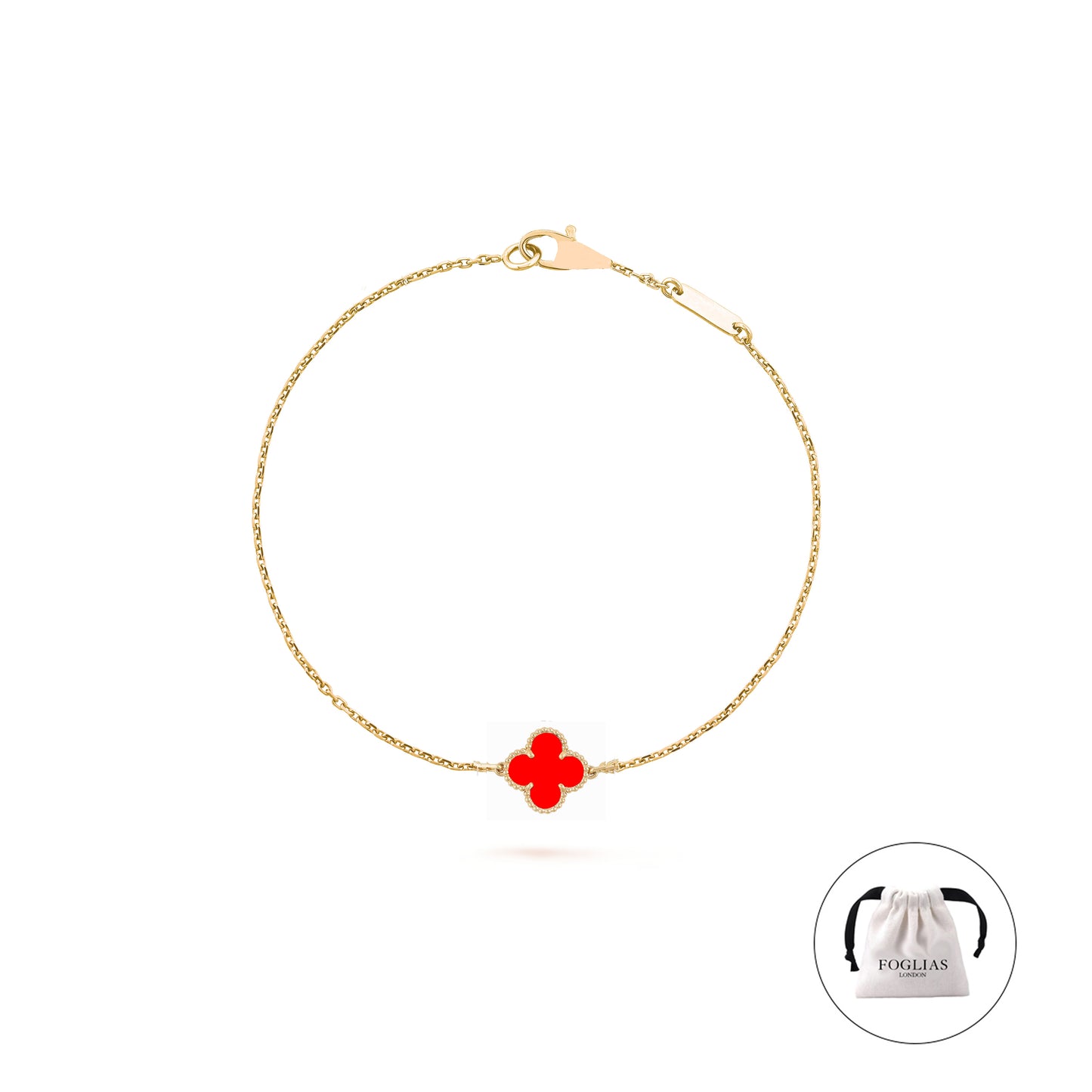 FOGLIAS LONDON Red Single Clover Four Leaf Bracelet 925 Silver 18k Gold Plated
