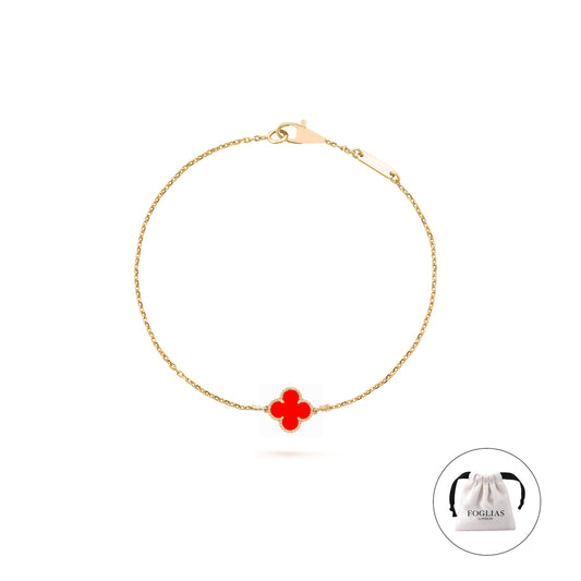 FOGLIAS LONDON Red Single Clover Four Leaf Bracelet 925 Silver 18k Gold Plated
