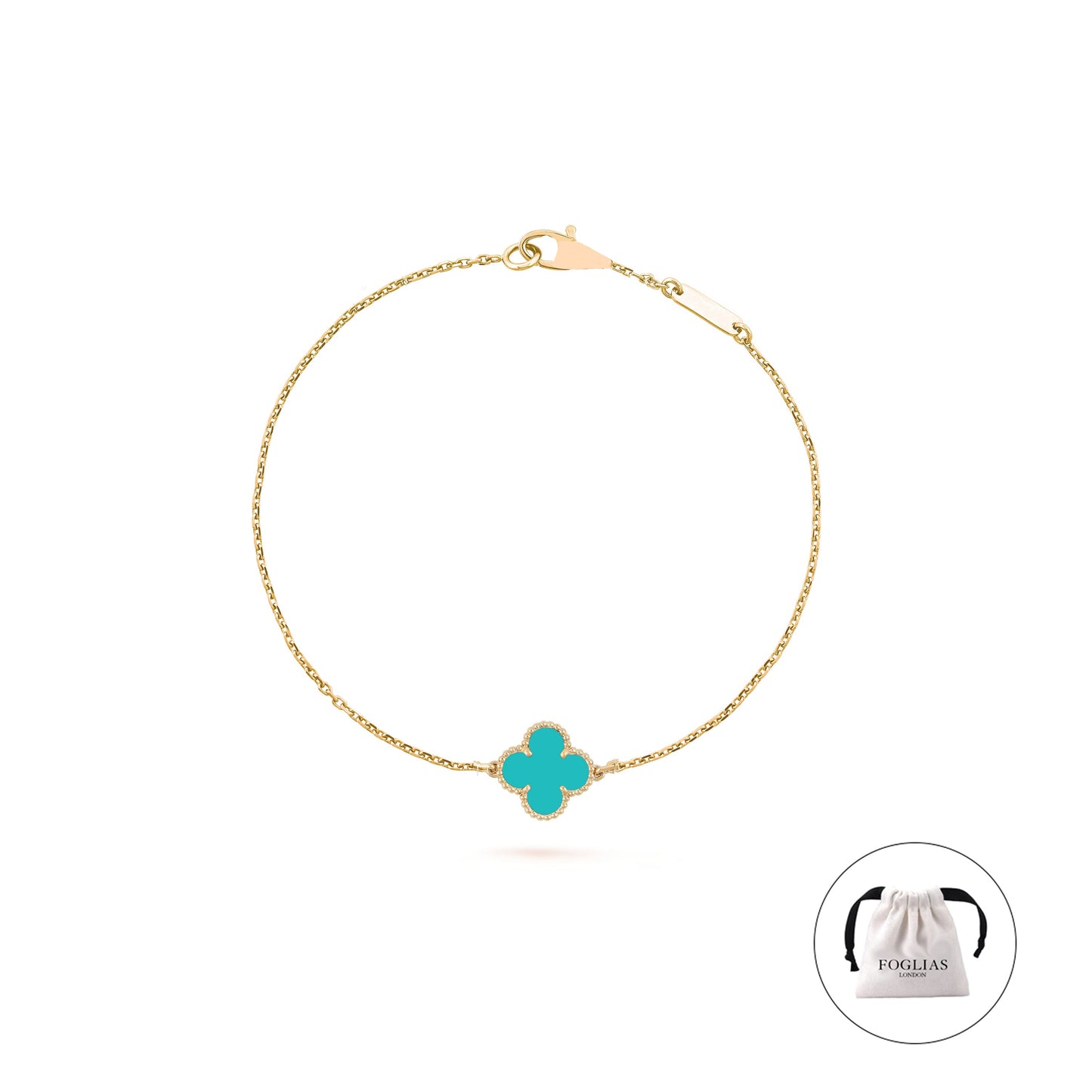 Turquoise Green Single Leaf Van Cleef Clover Bracelet by FOGLIAS LONDON