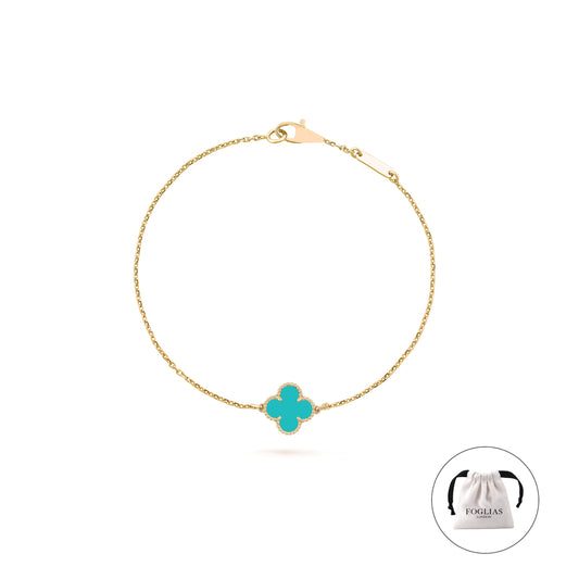 Turquoise Green Single Leaf Van Cleef Clover Bracelet by FOGLIAS LONDON