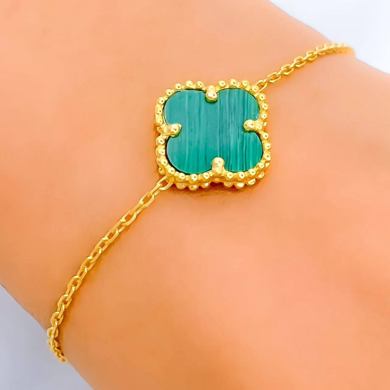 FOGLIAS LONDON Green Single Clover Four Leaf Bracelet 925 Silver 18k Gold Plated