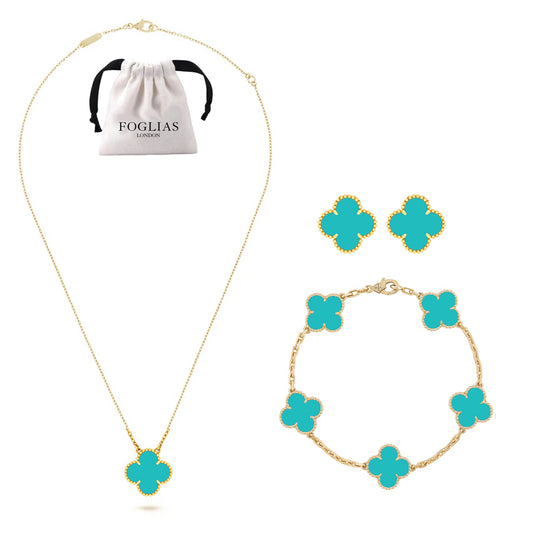 FOGLIAS LONDON Turquoise Green Clover Necklace Earrings Bracelet Set 925 Silver 18k Gold Plated