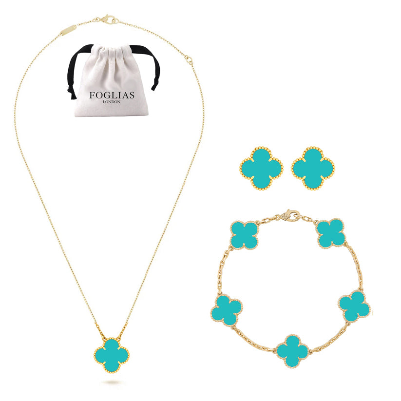 Turquoise Green Clover Necklace Earrings Bracelet Set 925 Silver 18k Gold Plated