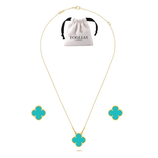 FOGLIAS LONDON Turquoise Green Clover Necklace Earrings Set 925 Silver 18k Gold Plated