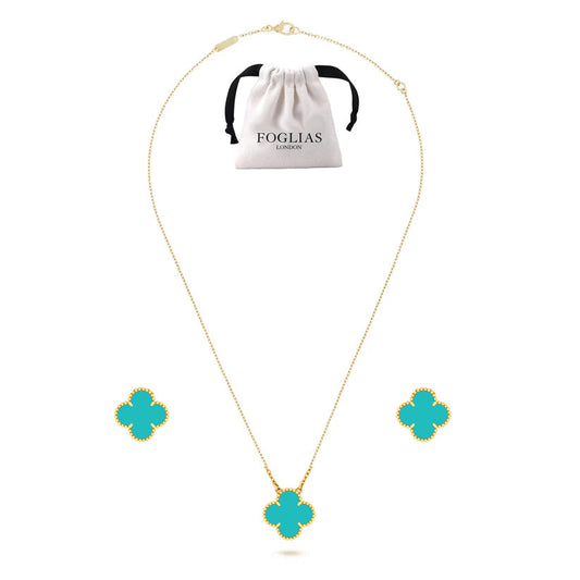 Turquoise Green Clover Necklace Earrings Set 925 Silver 18k Gold Plated