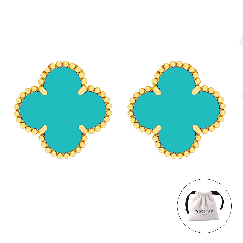 FOGLIAS LONDON Turquoise Green Clover Stud Earrings 925 Silver 18k Gold Plated