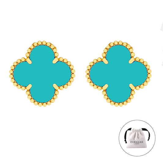 Turquoise Green Clover Stud Earrings 925 Silver 18k Gold Plated