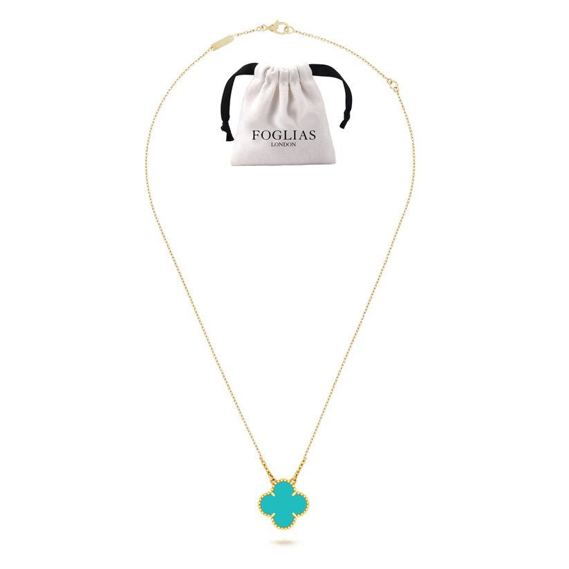 FOGLIAS LONDON Turquoise Green Clover Necklace 925 Silver 18k Gold Plated