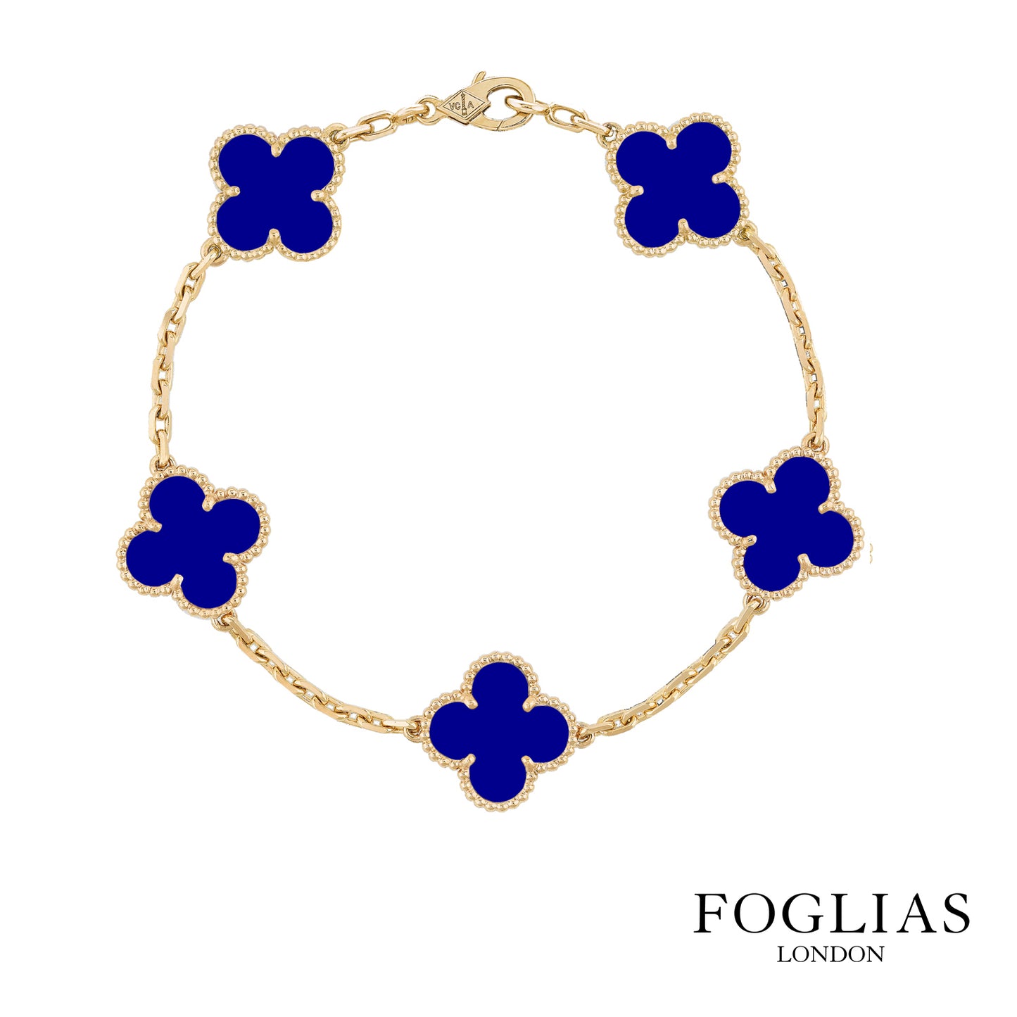 FOGLIAS LONDON Blue Clover Necklace Earrings Bracelet Set 925 Silver 18k Gold Plated