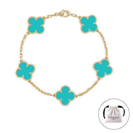 FOGLIAS LONDON Turquoise Green Clover Bracelet 925 Silver 18k Gold Plated