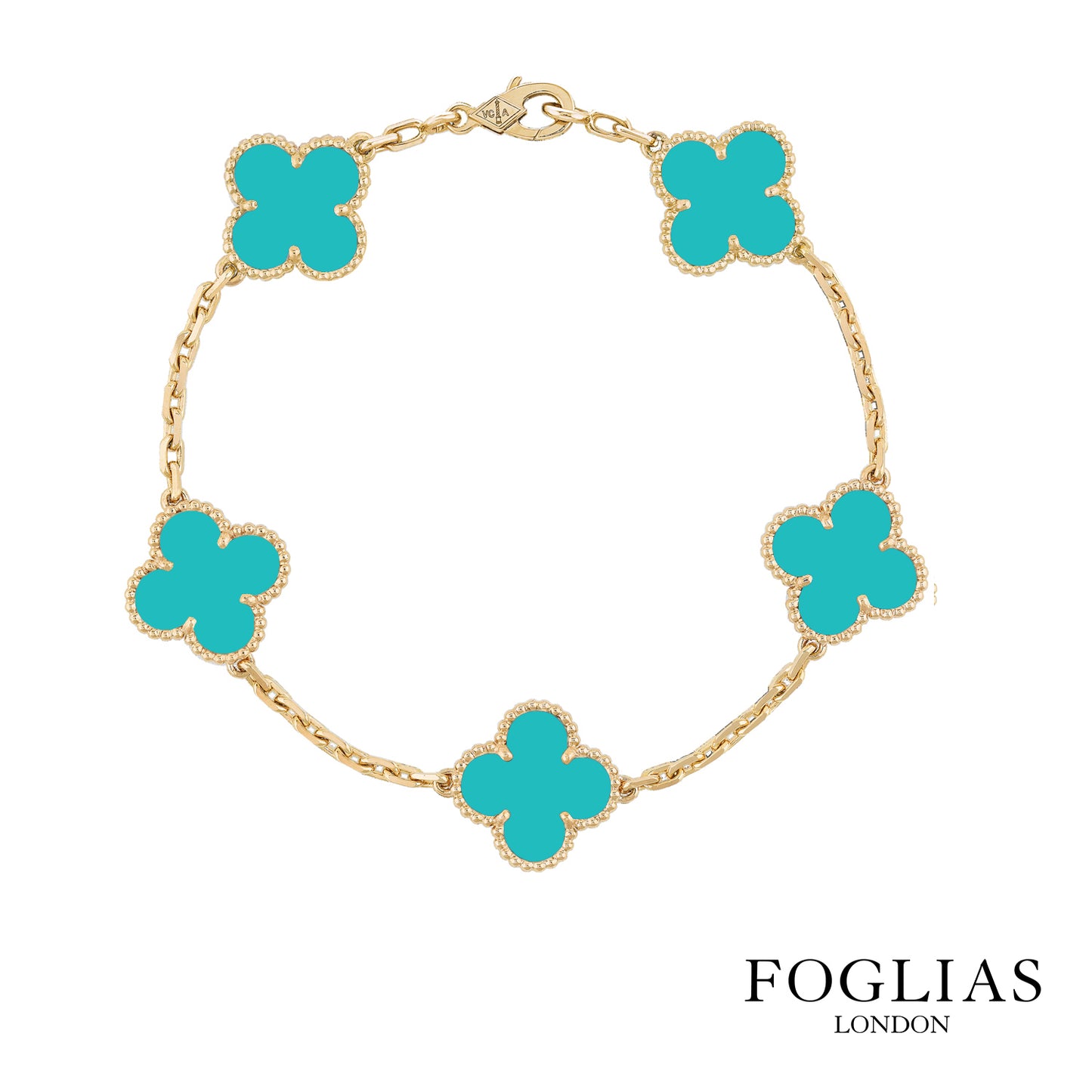 FOGLIAS LONDON Turquoise Green Clover Necklace Earrings Bracelet Set 925 Silver 18k Gold Plated