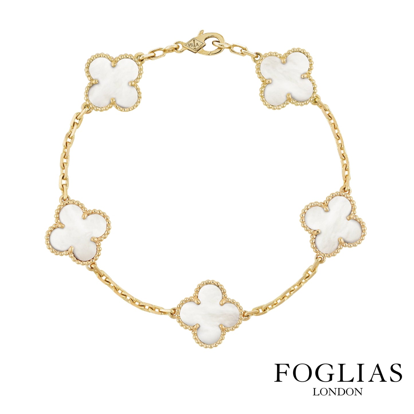 FOGLIAS LONDON White Pearl Clover Necklace Earrings Bracelet Set 925 Silver 18k Gold Plated